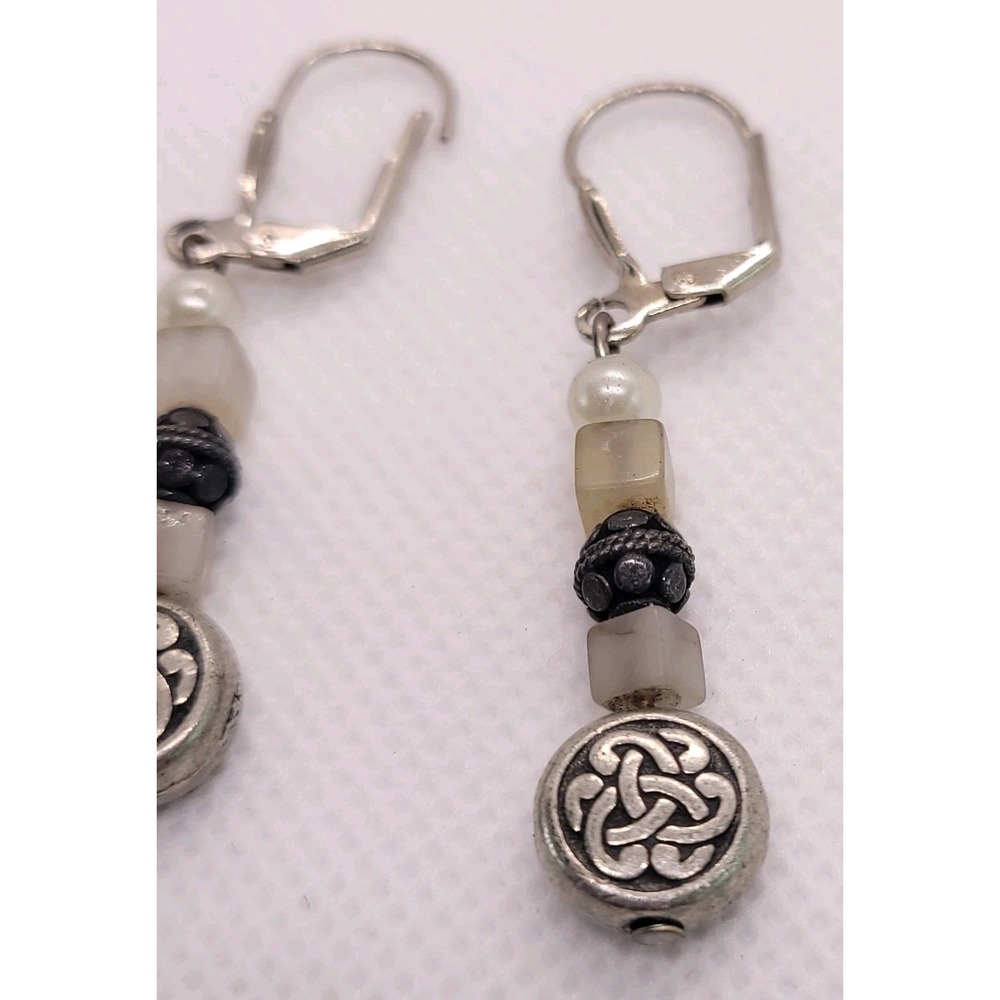 Silver Tone Celtic Knot Cream Bead Faux Pearl Leverback Dangle Earrings